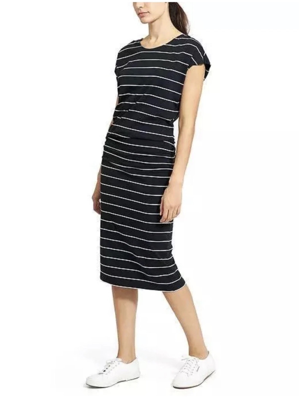 Athleta Med Horizons Midi Dress Black White Striped Ruched Stretch Cap Sleeves